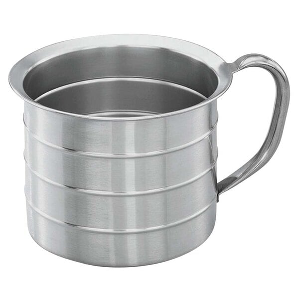 A silver stainless steel Vollrath measuring cup with a handle.