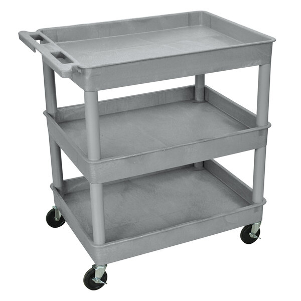 A Luxor gray plastic utility cart with three shelves and wheels.
