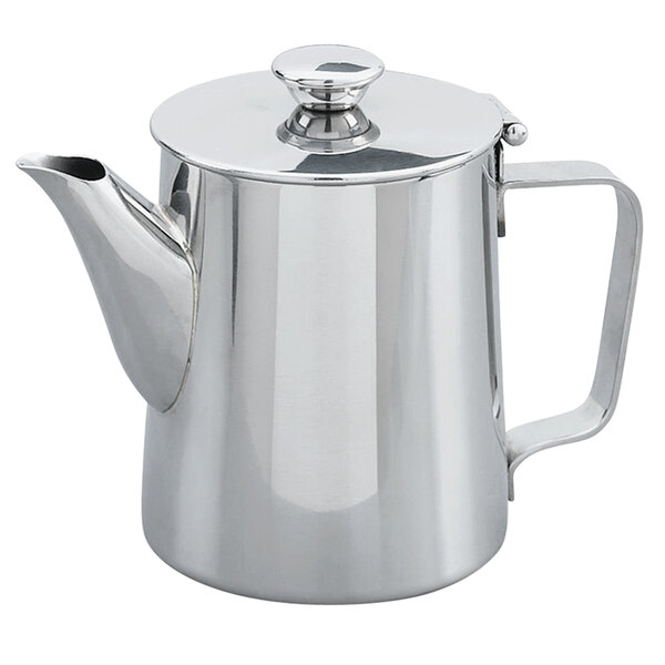 A silver stainless steel Vollrath coffee server with a lid.