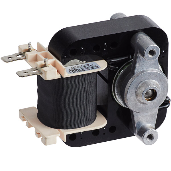 The Avantco fan motor with a black and silver cover and wires.