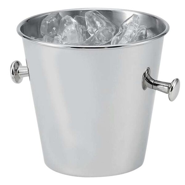A Vollrath mirror-finished stainless steel ice bucket with ice cubes.