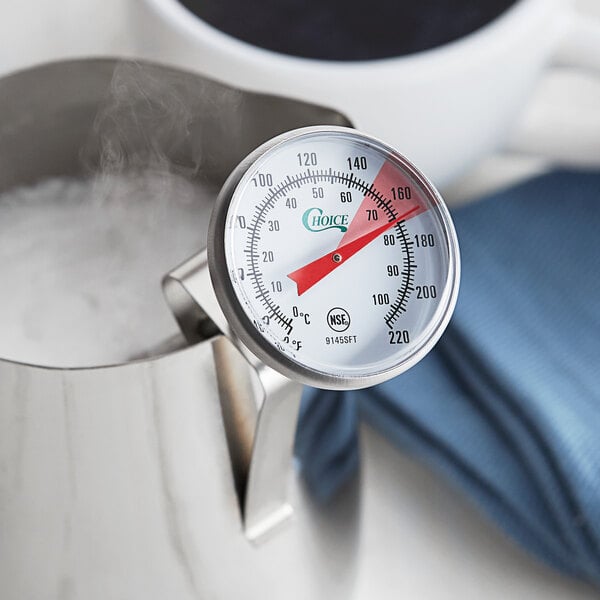 A Choice hot beverage thermometer in a pitcher.