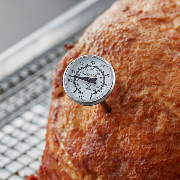 An AvaTemp pocket probe thermometer inserted into a meat roast.