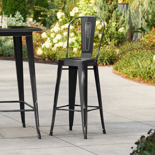 Lancaster Table & Seating Alloy Series Distressed Black Outdoor Cafe Barstool
