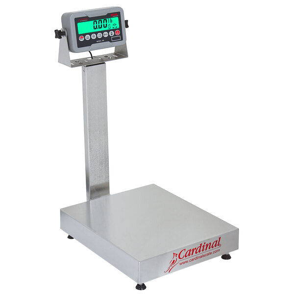 A Cardinal Detecto EB-300-185B electronic bench scale with a green screen.