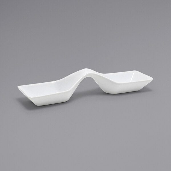 Two white rectangular Front of the House Kyoto taster spoons with two curved sides.
