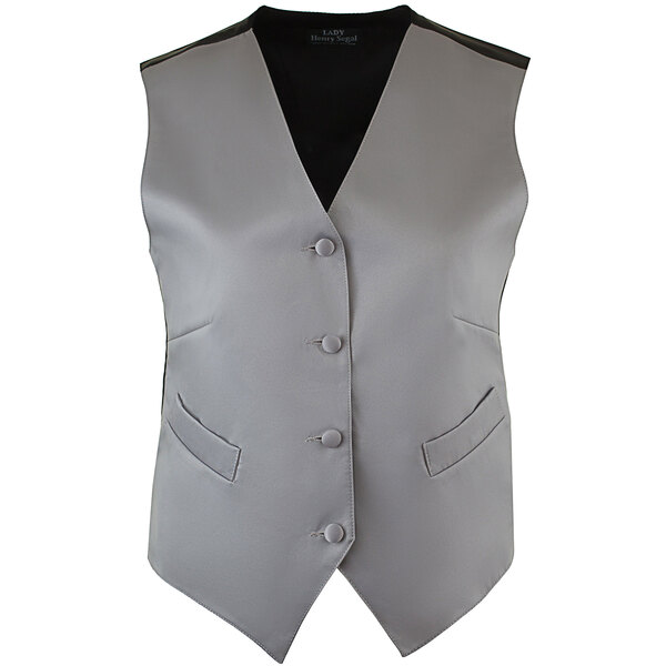 A grey Henry Segal women's server vest with black trim and buttons.