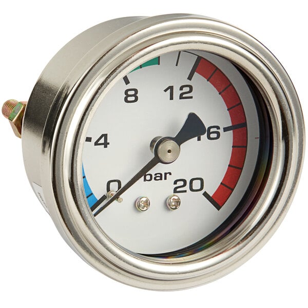 A close-up of a white Estella Caffe water pressure gauge with red, blue, and green dials.