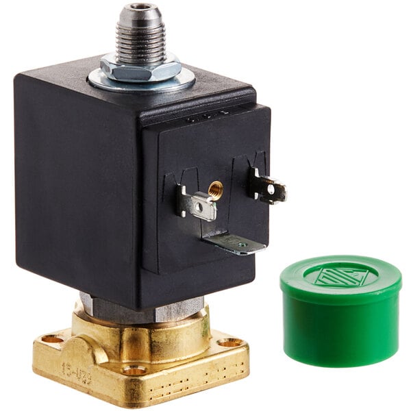 A black square device with a green cap and a screw inside with a small green valve.