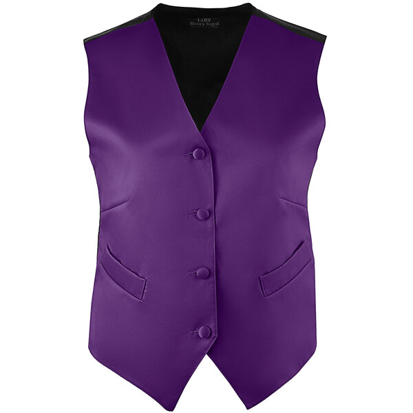 A Henry Segal purple satin server vest with black trim and buttons.