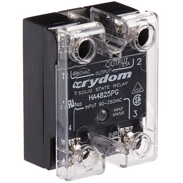 A black and clear Estella Caffe solid state relay with two holes.