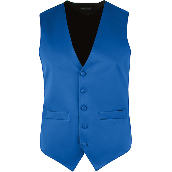 A Henry Segal blue satin server vest with black buttons.