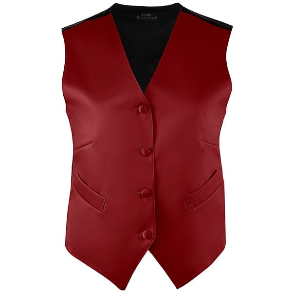 A Henry Segal women's burgundy server vest with black trim and collar and buttons.