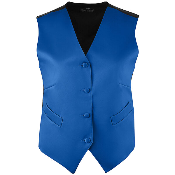 A Henry Segal women's blue satin server vest with black trim and buttons.