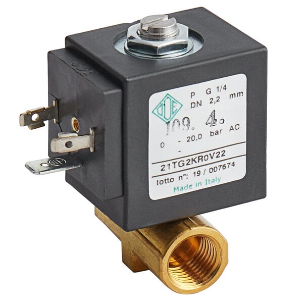 A white label on the black Estella Caffe boiler solenoid valve with brass nut.