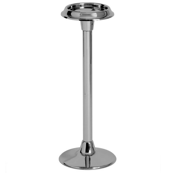 A silver metal stand with a round base for a Bon Chef stainless steel champagne bucket.