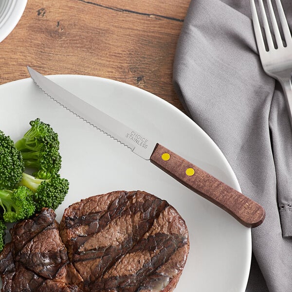 A steak and broccoli on a plate with a Choice stainless steel steak knife.