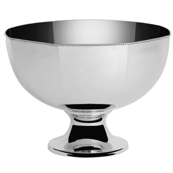 A silver Bon Chef punch bowl with a round base and black rim.