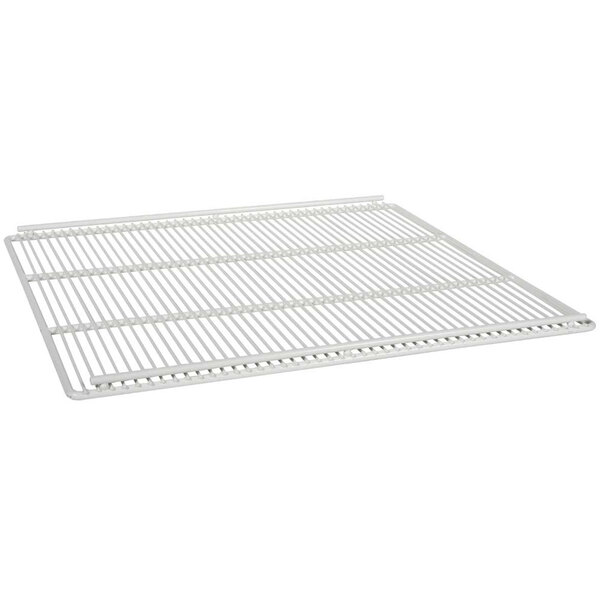 A white metal wire shelf with a metal grid.