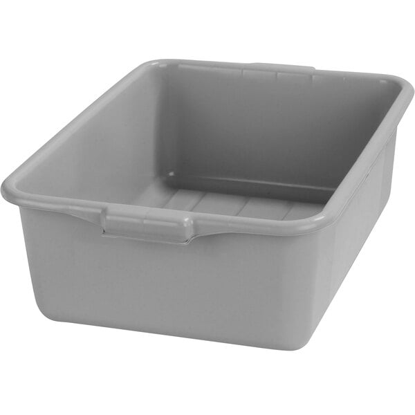 A Carlisle gray polyethylene bus tub with a lid.