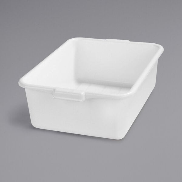 A white plastic Carlisle food storage box with a handle.