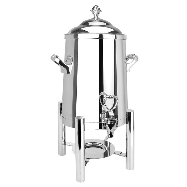 A stainless steel Eastern Tabletop coffee urn with a lid.