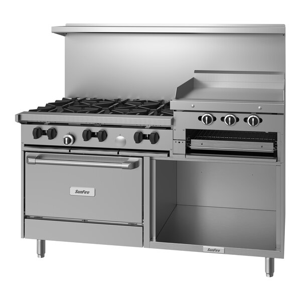 Garland SunFire Series X60-6R24RS Natural Gas 6 Burner 60" Range with 24" Raised Griddle / Broiler, Standard Oven, and Open Storage Base - 246,000 BTU