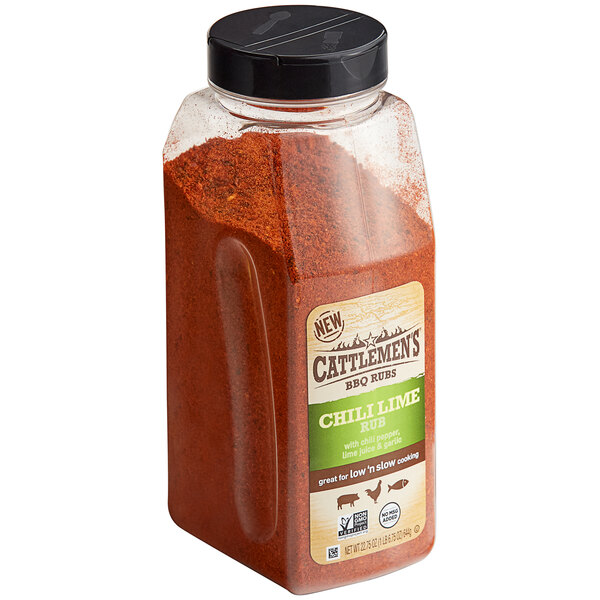 A jar of Cattlemen's Chili Lime BBQ Rub with red powder inside.