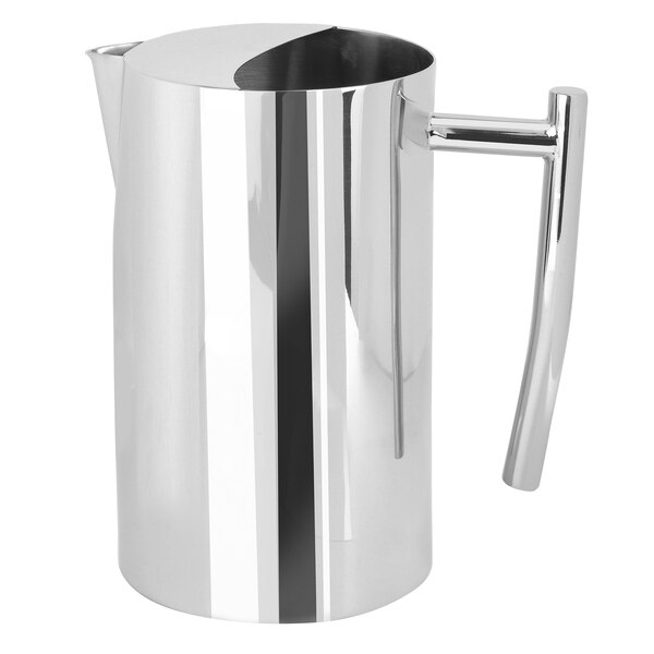 An Eastern Tabletop stainless steel water pitcher with a handle.