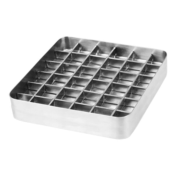 A silver stainless steel square tray with several compartments.