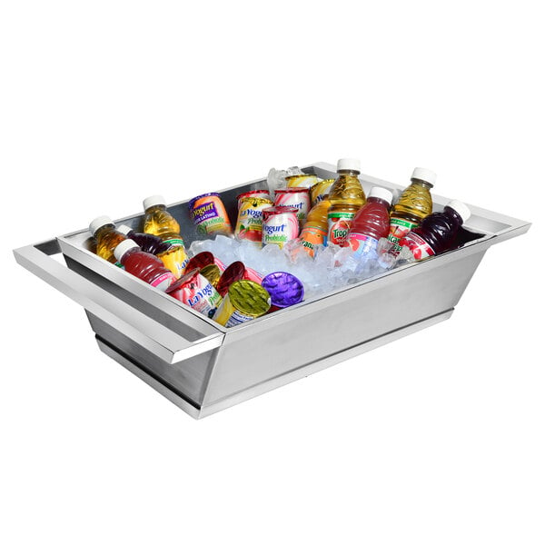 An Eastern Tabletop stainless steel beverage tub filled with ice, sodas, and other drinks on a counter.