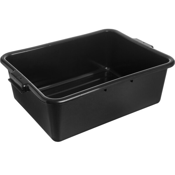 A black plastic Vollrath bus tub with handles.