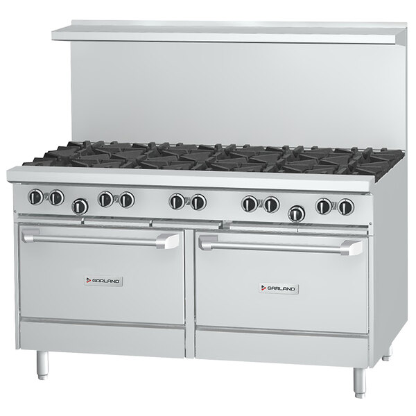 A large stainless steel Garland range with 10 burners and 2 ovens.