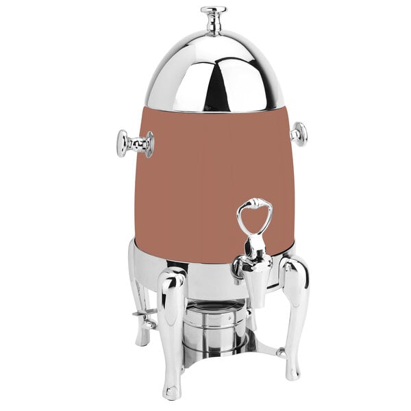 An Eastern Tabletop copper coated stainless steel coffee chafer urn with a metal lid and chrome base.