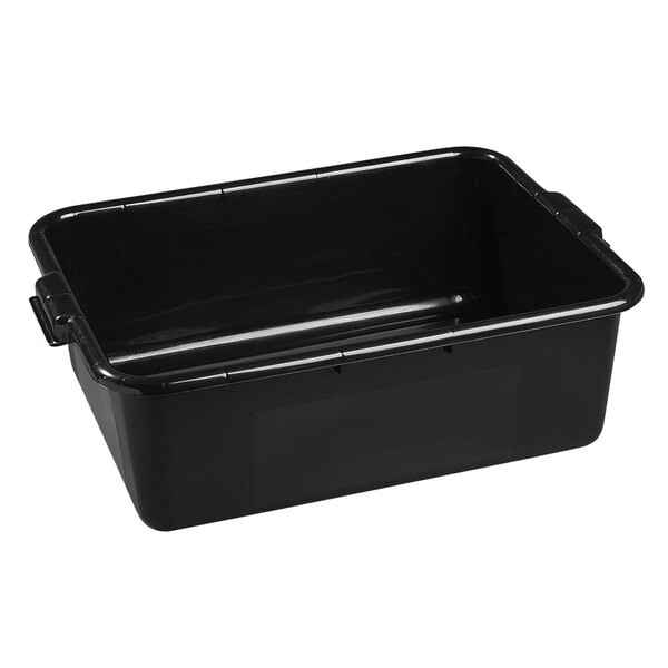 A Carlisle black polyethylene bus tub with a lid.