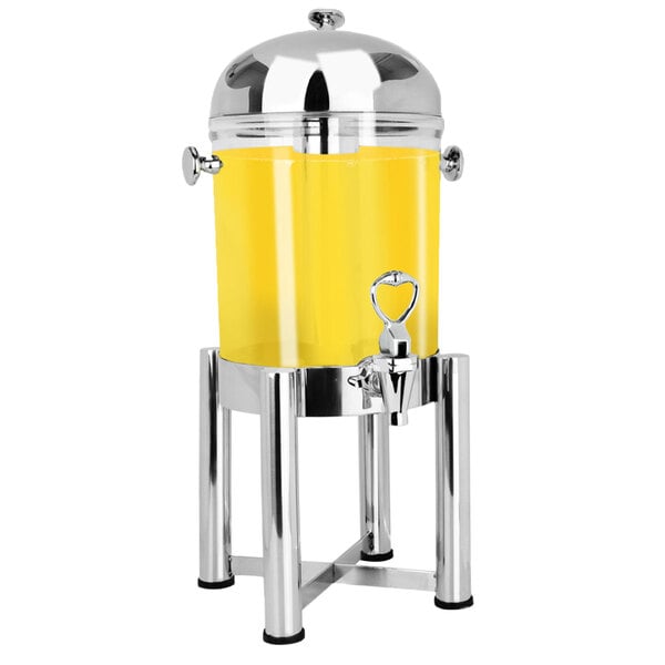 A yellow plastic beverage dispenser with a stainless steel stand.
