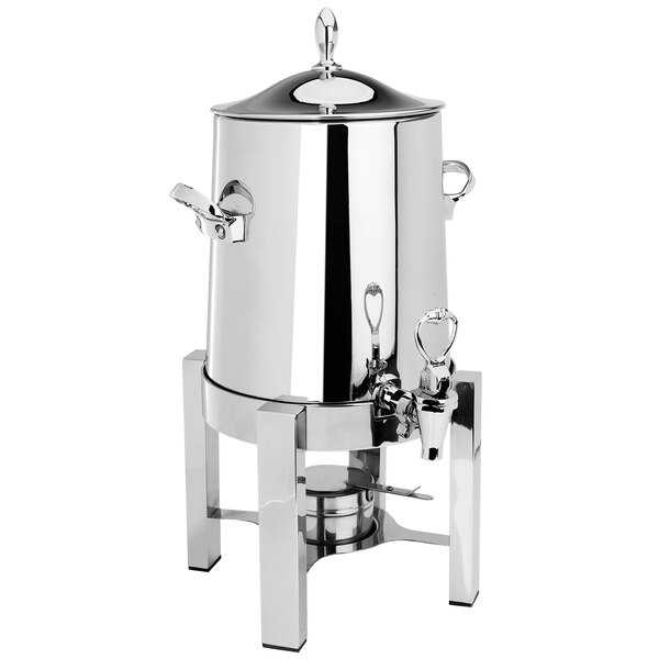 An Eastern Tabletop brushed stainless steel coffee urn with a lid.