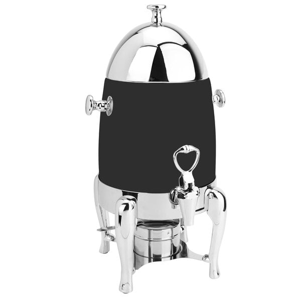 An Eastern Tabletop Ballerina black and chrome stainless steel coffee chafer urn with a lid.