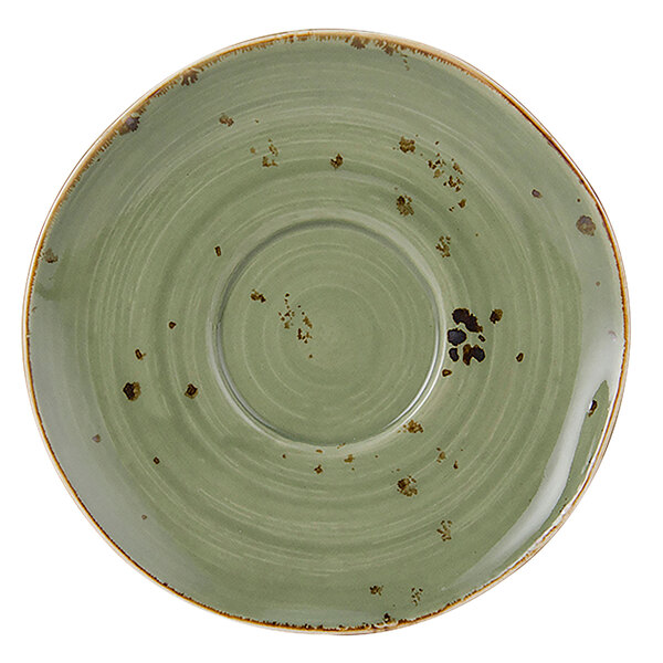A green TuxTrendz Artisan Geode saucer with brown specks.