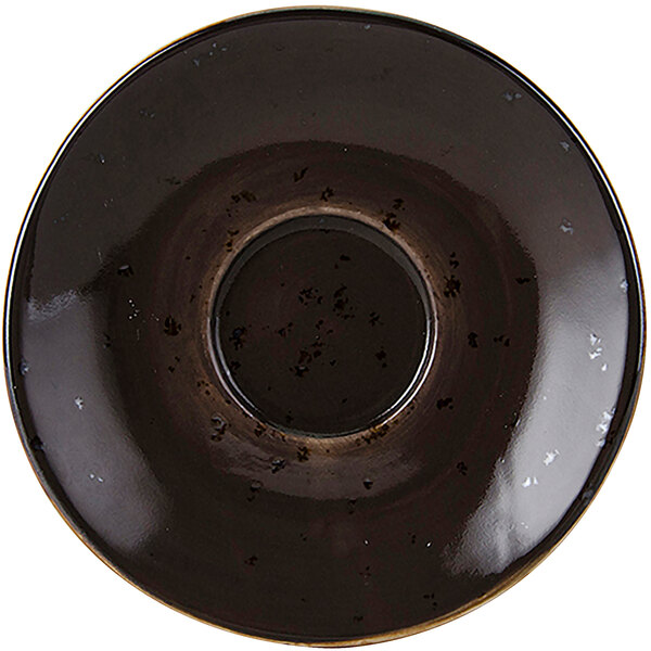 A brown ceramic Tuxton saucer with a circle in the middle.
