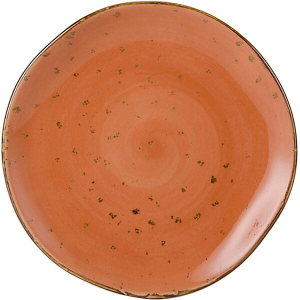 A close-up of a Tuxton Artisan Geode Coral china plate with a speckled orange design.