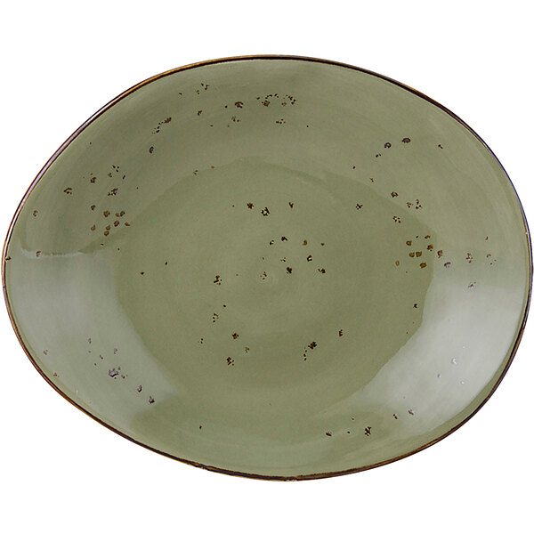 A Tuxton TuxTrendz china ellipse plate with a green and brown speckled pattern.
