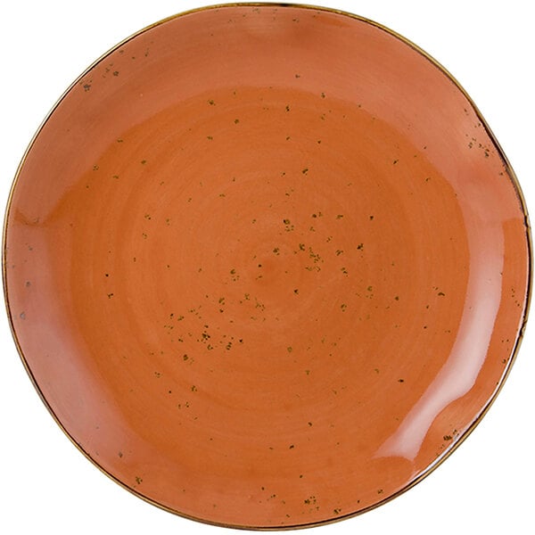 A close-up of a Tuxton TuxTrendz Artisan Geode Coral China Plate with a circular orange surface with speckled dots.