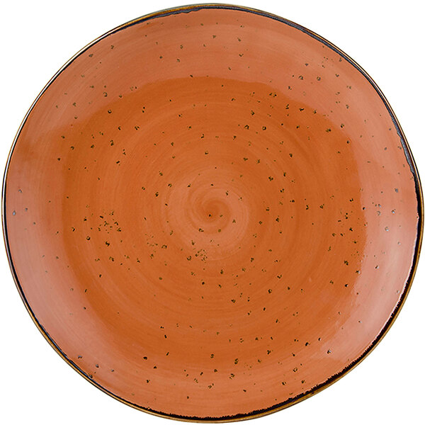 A close up of a Tuxton TuxTrendz Artisan Geode Coral china plate with large orange speckles.