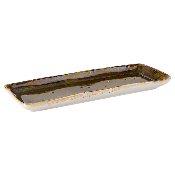 A rectangular Tuxton ceramic tray with a white background and brown geode design.