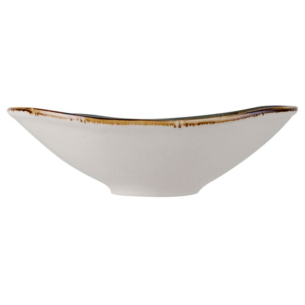 A white TuxTrendz china bowl with a brown rim.