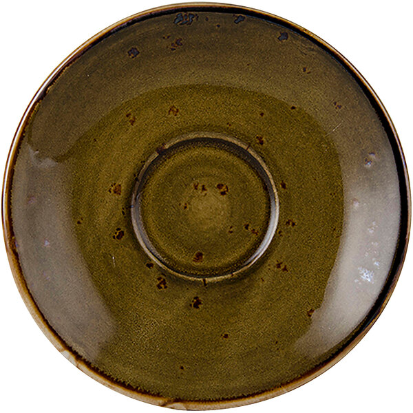 A brown Tuxton TuxTrendz saucer with a round center and a Geode Walnut design.