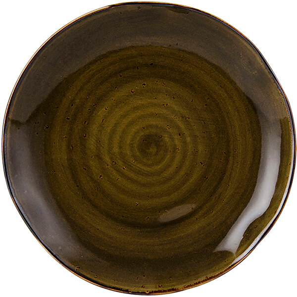 A brown Tuxton china plate with a circular pattern.