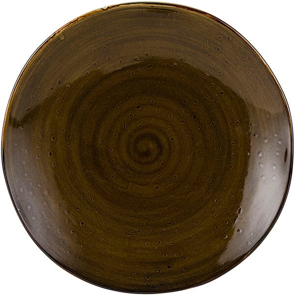 A brown Tuxton china plate with a spiral pattern.