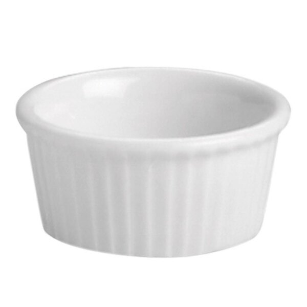 A Hall China bright white fluted ramekin with a ribbed edge.